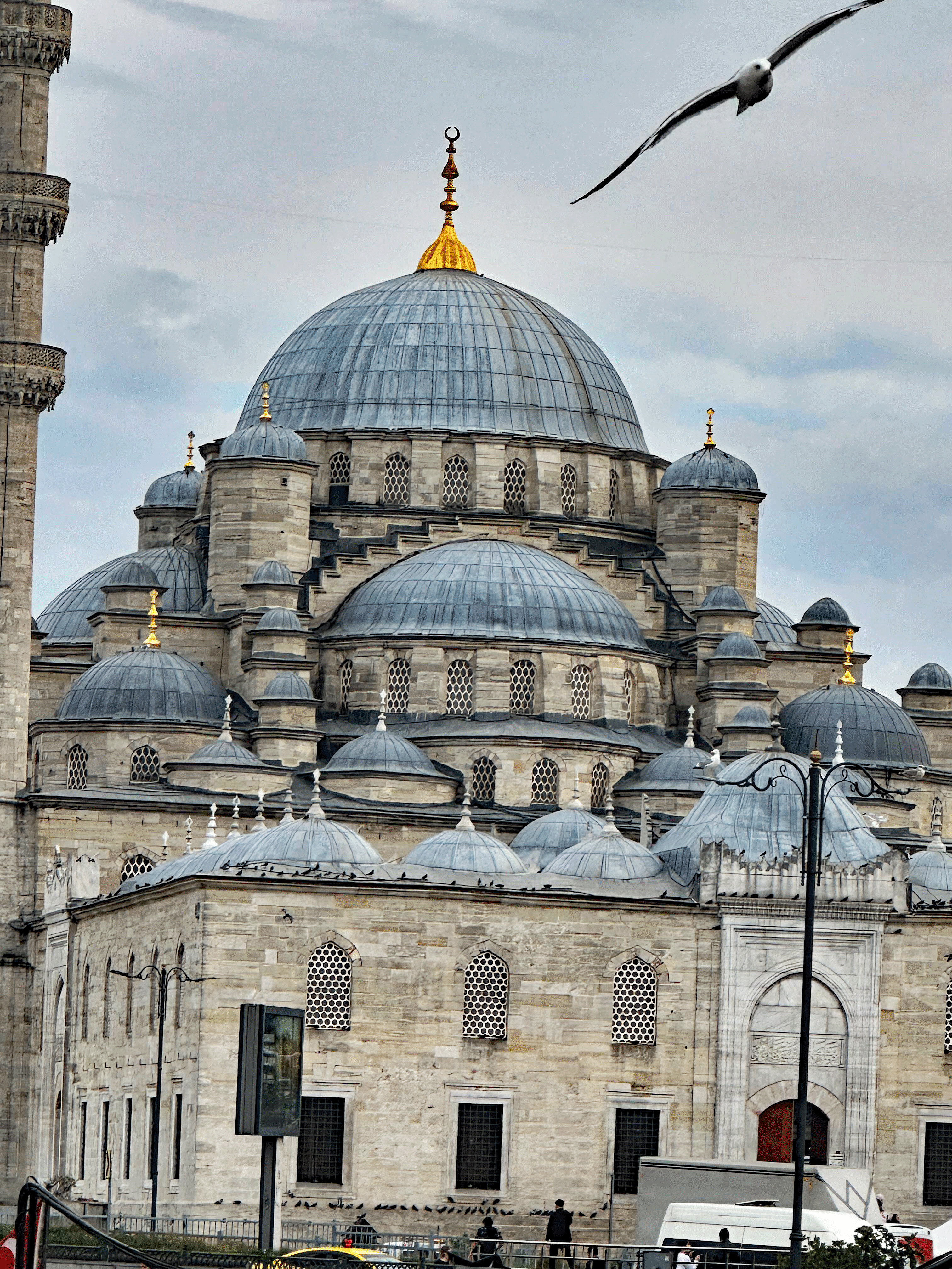 Close-up view of a mosque's domes and golden finial, with a seagull flying above and grey clouds in the background.