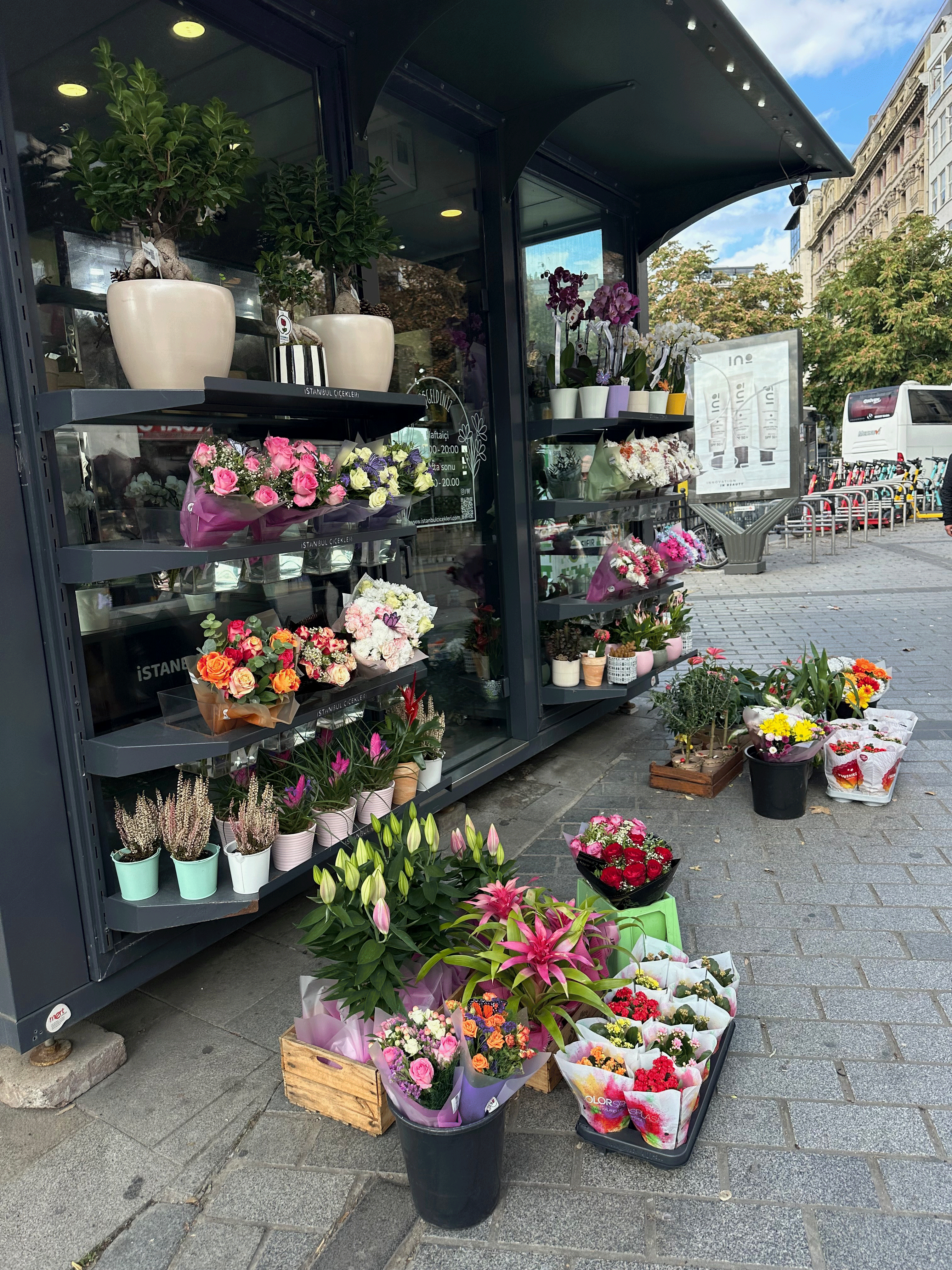 A vibrant flower shop displaying various bouquets and potted plants outside, with flowers of different colors and types arranged on shelves and in buckets.